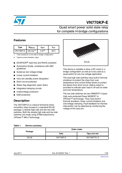 STMicroelectronics VN770KP-E Quad Smart Power Solid State Relay Datasheet