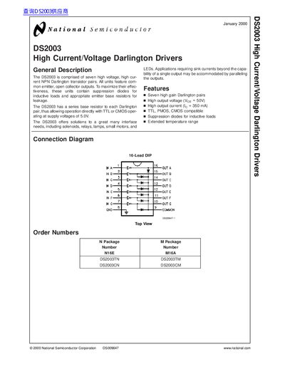 National Semiconductor DS2003 High Current/Voltage Darlington Drivers Datasheet - cover page