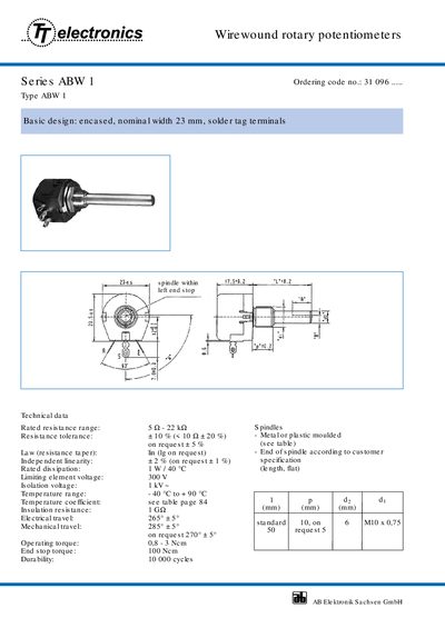 AB ABW 1 Wire Wound Rotary Potentiometer Datasheet - cover page