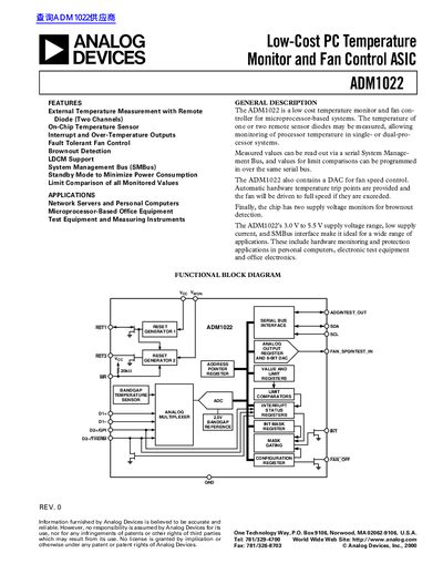 Analog Devices ADM1022 Low-Cost PC Temperature Monitor and Fan Control ASIC Datasheet - cover page