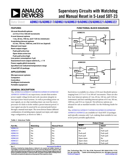 Analog Devices ADM6316-ADM6322 Supervisory Circuits Data Sheet