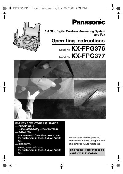 Panasonic KX-FPG376/KX-FPG377 2.4 GHz Digital Cordless Answering System and Fax Operating Instructions - cover page
