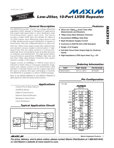 Maxim MAX9150 Low-Jitter 10-Port LVDS Repeater Datasheet - cover page
