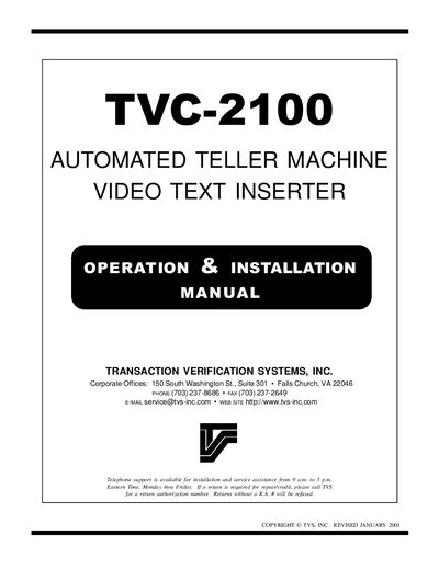 TVS TVC-2100 ATM Video Text Inserter Operation & Installation Manual - cover page