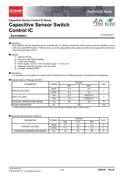 ROHM BU21008MUV Capacitive Sensor Control IC Technical Note - cover page