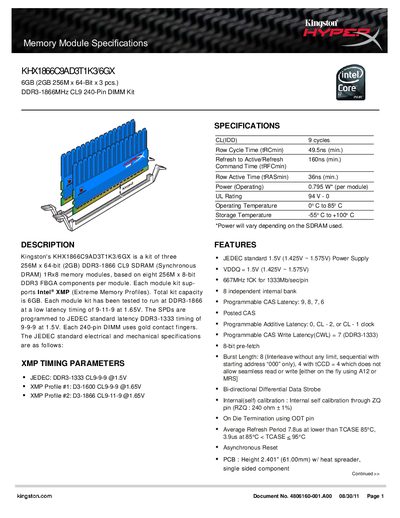 Kingston KHX1866C9AD3T1K3/6GX Memory Module Datasheet - cover page