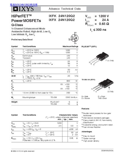 IXYS IXFK 24N120Q2/IXFX 24N120Q2 Power MOSFET Datasheet - cover page