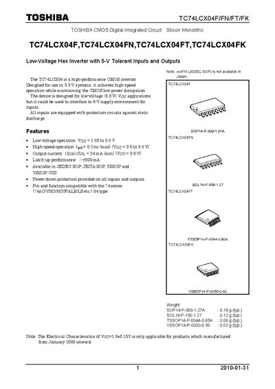 TOSHIBA TC74LCX04F TC74LCX04FN TC74LCX04FT TC74LCX04FK Manual - cover page