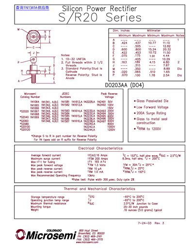 Microsemi S/R20 Series Silicon Power Rectifier Datasheet - cover page