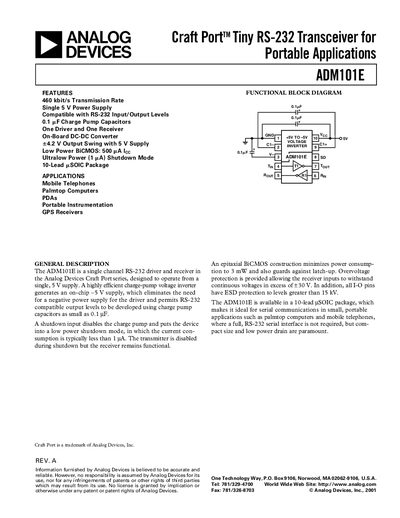 Analog Devices ADM101E RS-232 Transceiver Datasheet - cover page