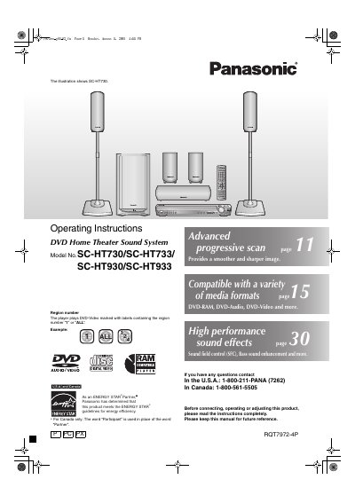 Panasonic SC-HT730/HT733/HT930/HT933 DVD Home Theater Sound System Operating Instructions - cover page