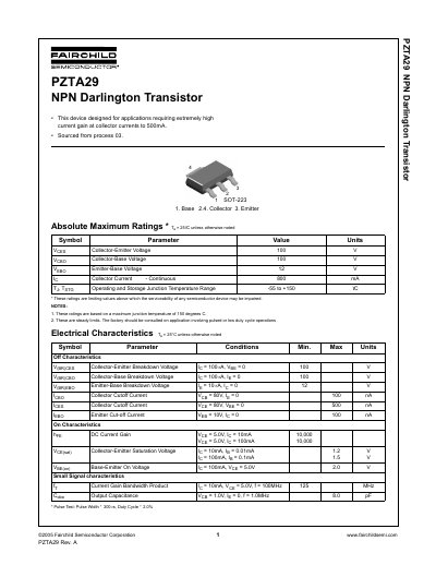 Fairchild PZTA29 NPN Darlington Transistor Datasheet - cover page