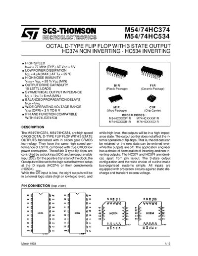 SGS-THOMSON M54/74HC374 and M54/74HC534 Octal D-Type Flip-Flop Datasheet - cover page