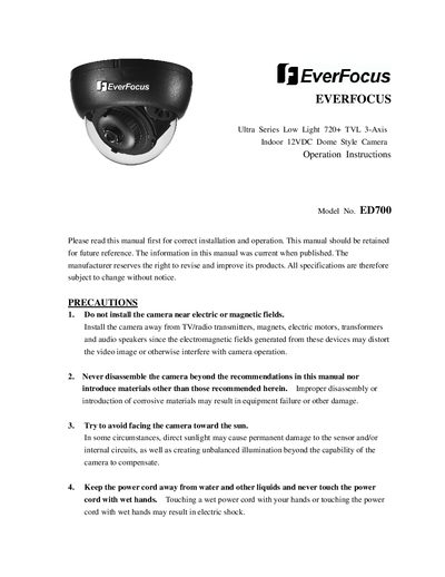 EverFocus ED700 Ultra Series Low Light Dome Camera Operation Instructions - cover page