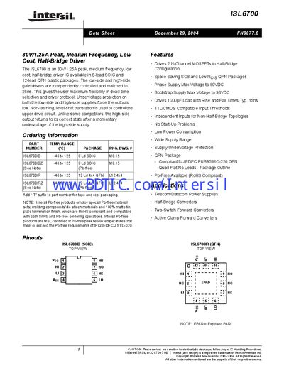 Intersil ISL6700 Half-Bridge Driver Datasheet - cover page