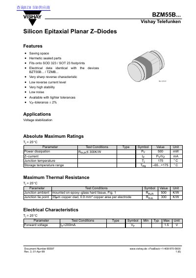 Vishay BZM55B Series Silicon Epitaxial Planar Z-Diodes Datasheet - cover page