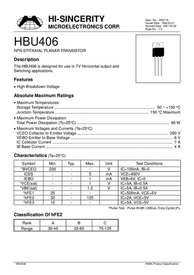 HI-SINCERITY HBU406 Transistor Datasheet - cover page