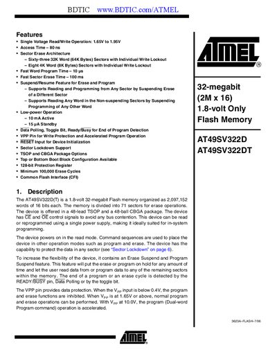 Atmel AT49BV322DT Datasheet - cover page
