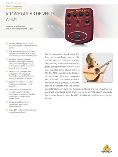 Behringer V-Tone Acoustic Driver DI ADI21 Product Information - cover page