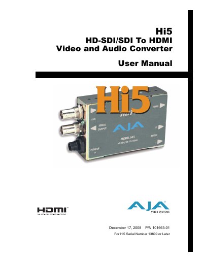 AJA Hi5 HD-SDI/SDI to HDMI User Manual - cover page