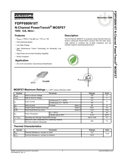 Fairchild FDPF680N10T N-Channel PowerTrench MOSFET Datasheet - cover page