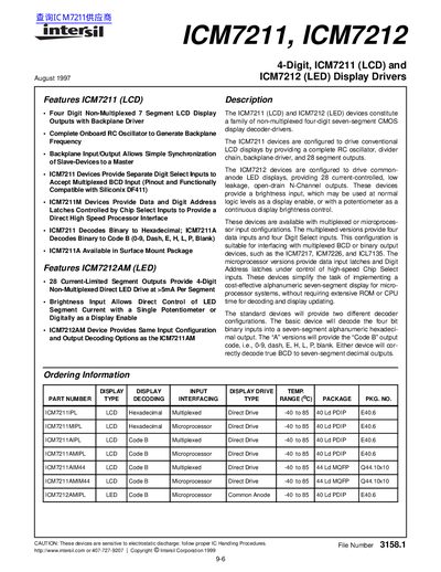Intersil ICM7211/ICM7212 4-Digit Display Drivers Datasheet - cover page