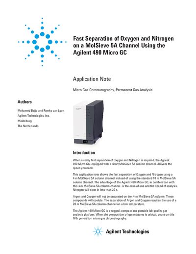 Agilent 490 Micro GC Application Note: Fast Separation of Oxygen and Nitrogen on MolSieve 5A Channel - cover page