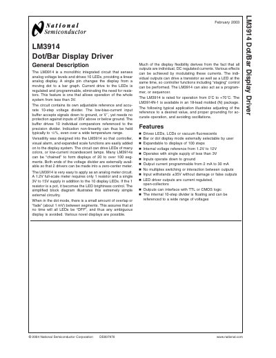 National Semiconductor LM3914 Dot/Bar Display Driver Datasheet - cover page