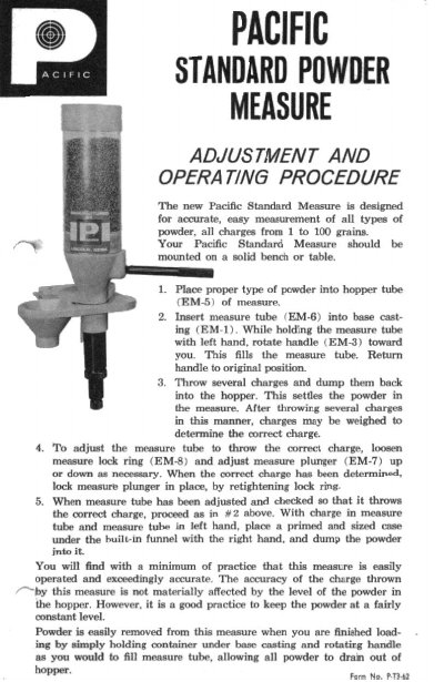 Pacific Standard Powder Measure Adjustment and Operating Procedure - cover page