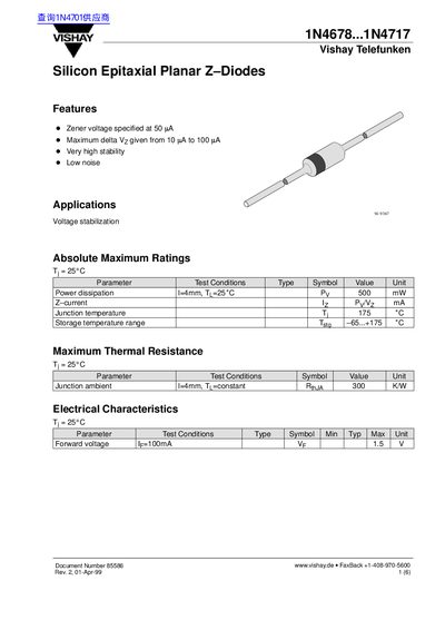Vishay 1N4678...1N4717 Silicon Epitaxial Planar Z-Diodes Datasheet - cover page