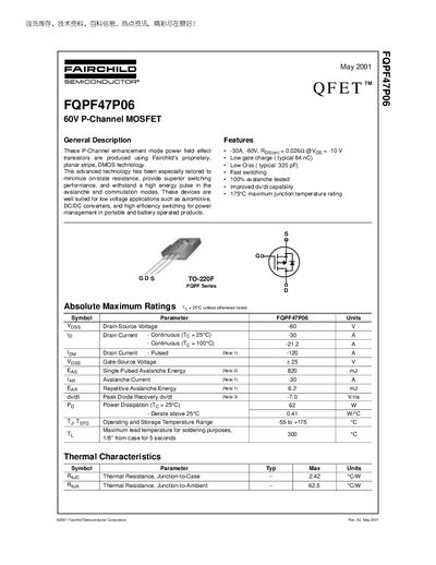 Fairchild FQPF47P06 60V P-Channel MOSFET Datasheet - cover page