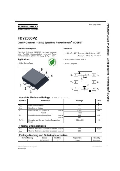 Fairchild FDY2000PZ Dual P-Channel MOSFET Datasheet - cover page