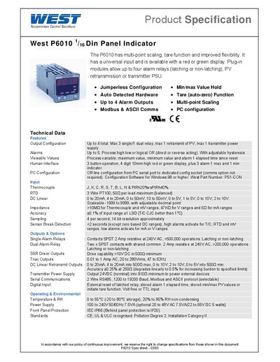 West Instruments P6010 Specification Sheet - cover page