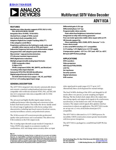 ANALOG DEVICES Multiformat SDTV Video Decoder ADV7183A handbook - cover page