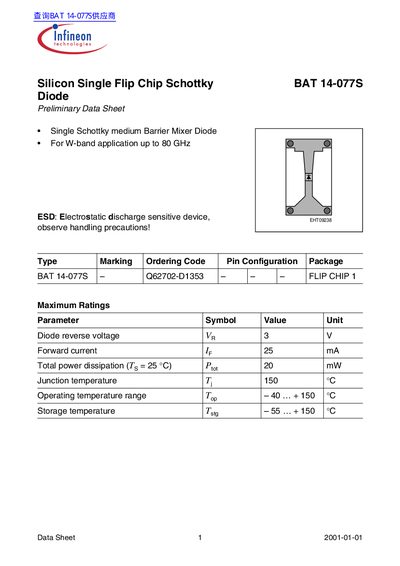 Infineon BAT 14-077S Schottky Diode Preliminary Data Sheet - cover page
