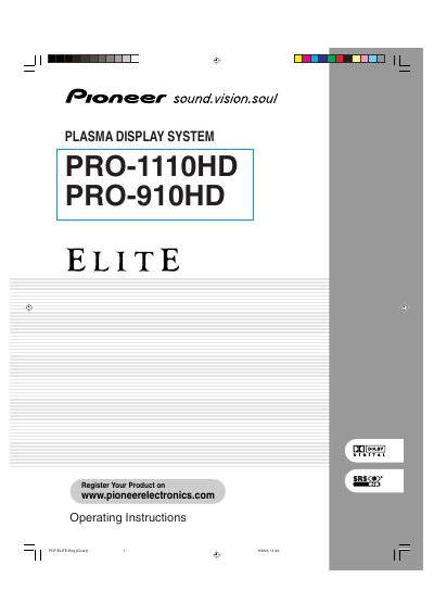 Pioneer PRO-1110HD PRO-910HD Plasma Display Operating Instructions - cover page