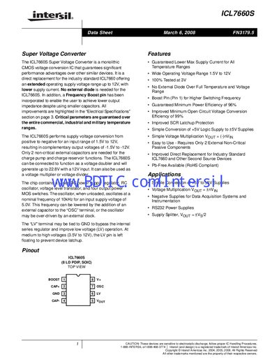 Intersil ICL7660S Voltage Converter Data Sheet - cover page