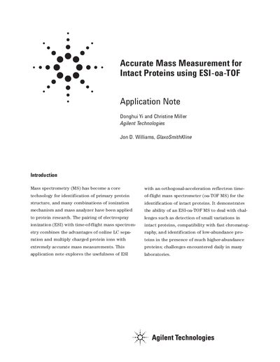 Agilent Accurate Mass Measurement for Intact Proteins using ESI-oa-TOF Application Note - cover page