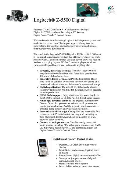 Logitech Z-5500 Digital Speaker System Product Leaflet