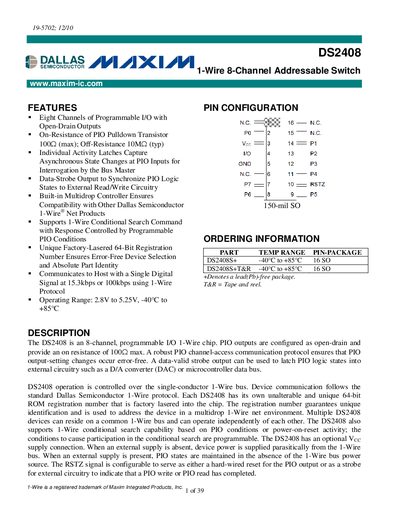 Maxim DS2408 1-Wire 8-Channel Addressable Switch Handbook - cover page