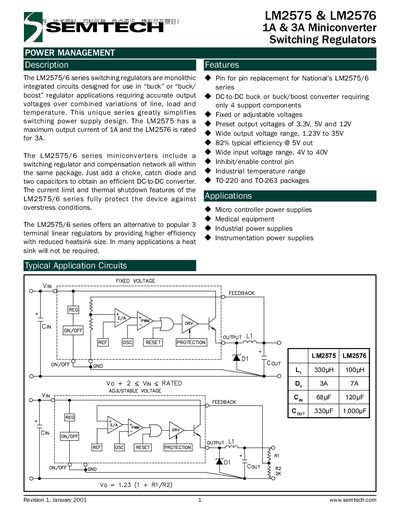 Semtech LM2575 & LM2576 Switching Regulator Data Sheet - cover page