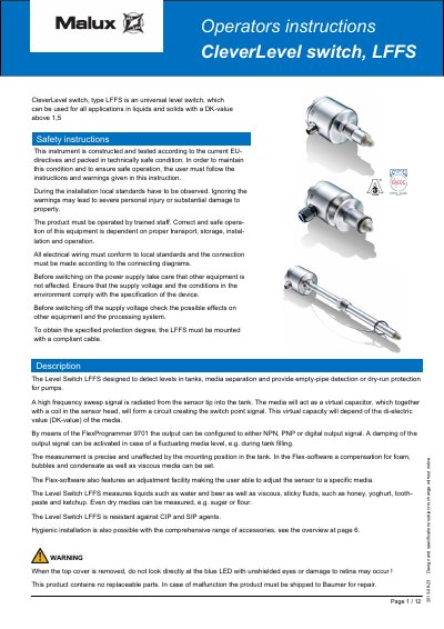 Baumer LFFS Level Switch User Manual - cover page