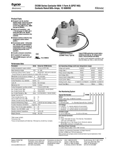 Tyco Electronics EV200 Contactor Datasheet - cover page