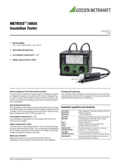 Gossen Metrawatt METRISO 1000A Insulation Tester Handbook - cover page