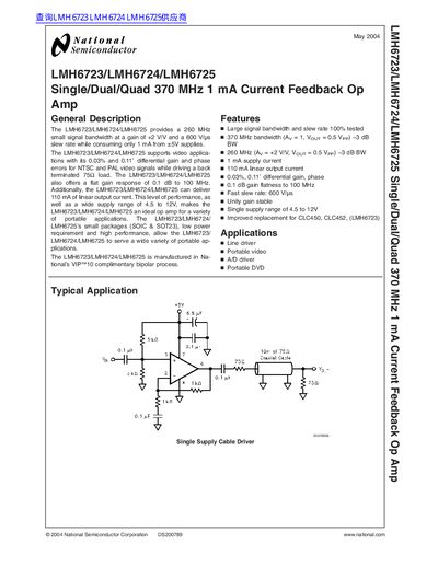 National Semiconductor LMH6723/LMH6724/LMH6725 Single/Dual/Quad 370 MHz 1 mA Current Feedback Op Amp handbook