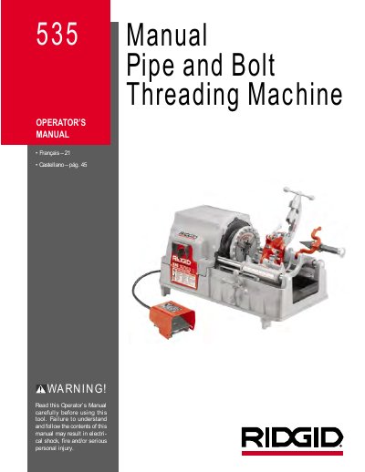 RIDGID 535 Pipe and Bolt Threading Machine Operator Manual - cover page