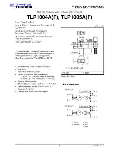 Toshiba TLP1004A(F) / TLP1005A(F) Photointerrupter Datasheet - cover page