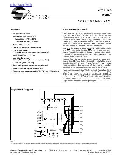 Cypress CY62128B 128K x 8 Static RAM Datasheet - cover page