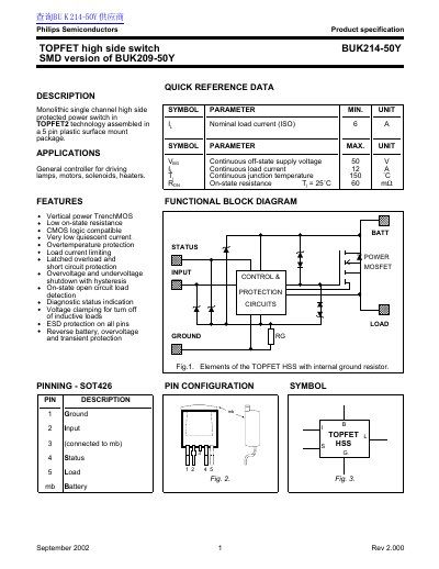 PHILIPS TOPFET high side switch BUK214-50Y SMD version of BUK209-50Y handbook - cover page