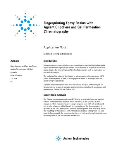Fingerprinting Epoxy Resins with Agilent OligoPore and Gel Permeation Chromatography Application Note - cover page